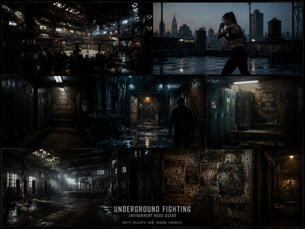 ai consistent character environment mood board underground fighting
