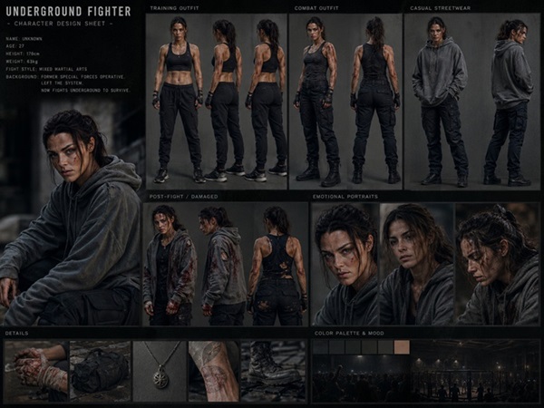 character consistency outfit identity sheet female fighter