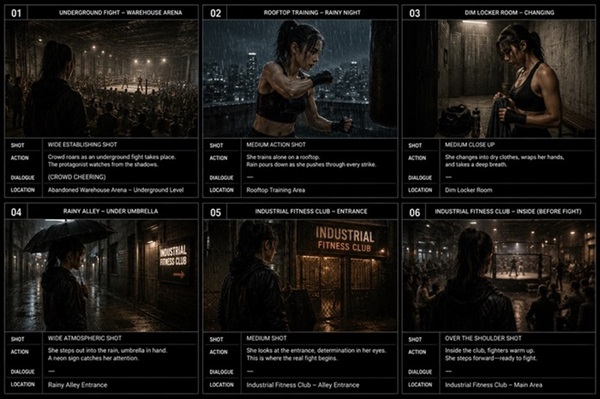consistent character ai storyboard cinematic underground fighting film