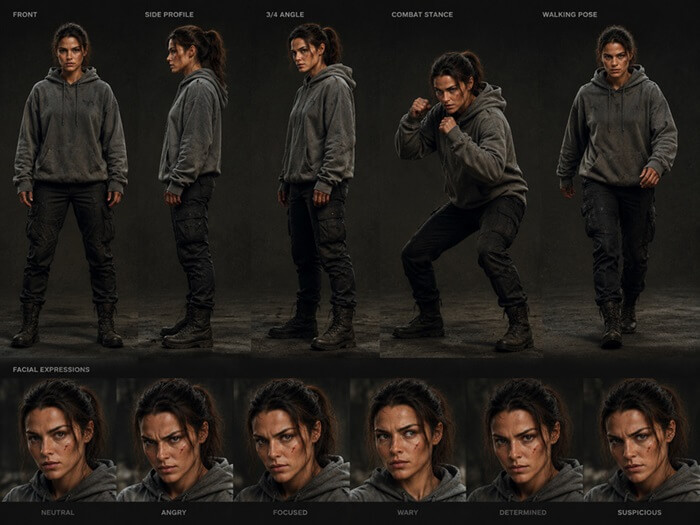 multi angle consistent ai character sheet fighter poses