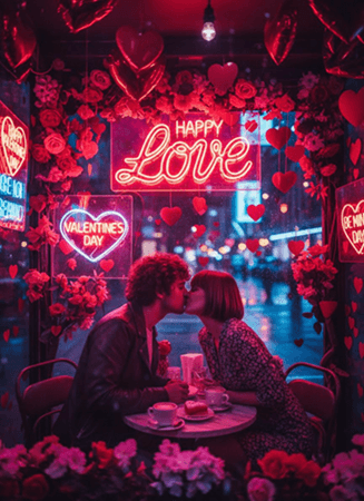 neon valentine’s day ai photo kiss