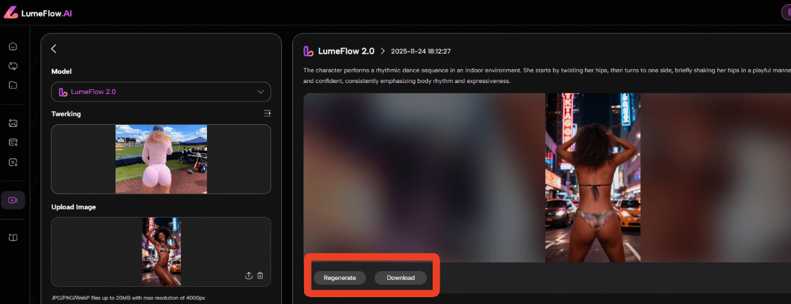 generate ai twerk videdo by lumeflow ai