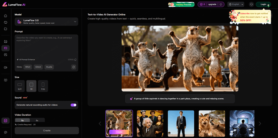 start lumeflow text-to-video for christmas prompts